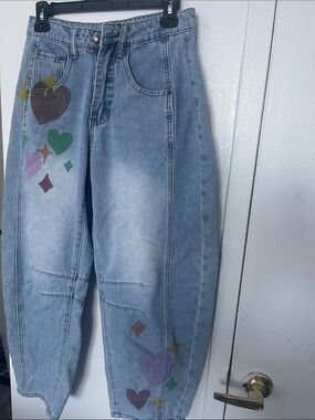 SHEIN Light Wash Boyfriend Jeans with Colorful Heart & Star Prints